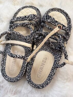 CHANEL Black and Cream Braided Rope Sandals with Ankle Strap